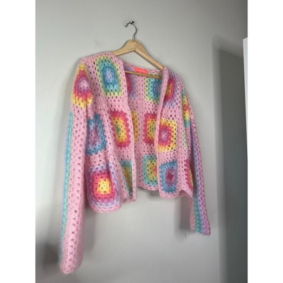 NEW Rose Carmine Crochet-Knit Mohair-Blend Granny Square Long Sleeve Cardigan - Picture 3 of 7